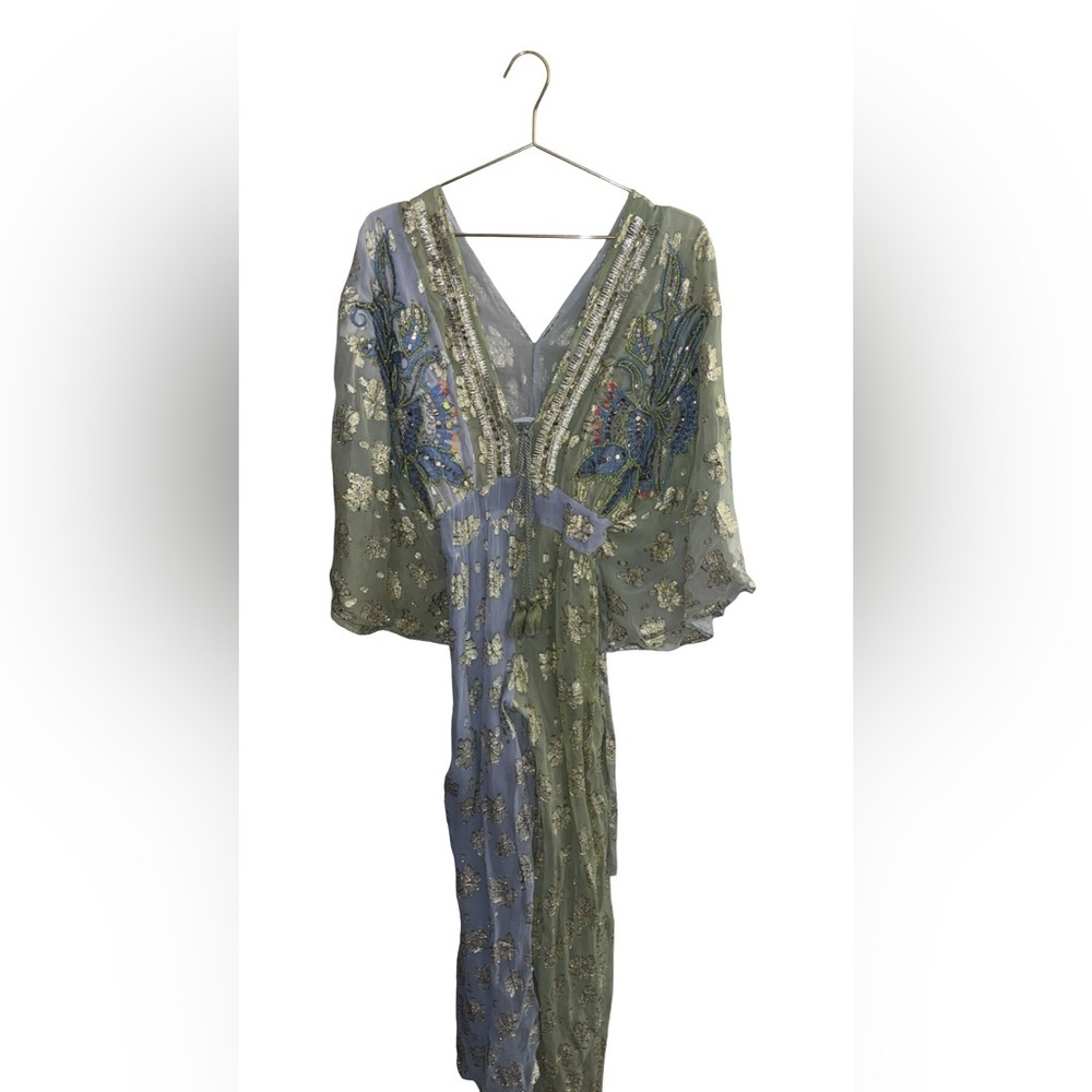Embroidered & Beaded Foil Boho Bali Jumpsuit P2P 15” NWOT - Picture 3 of 5
